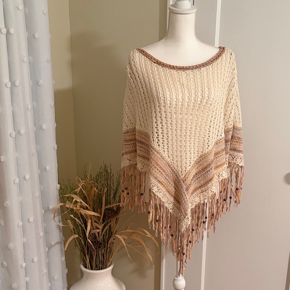 American Eagle Outfitters Sweaters - American Eagle Cream and Brown Knit Poncho with Fringe